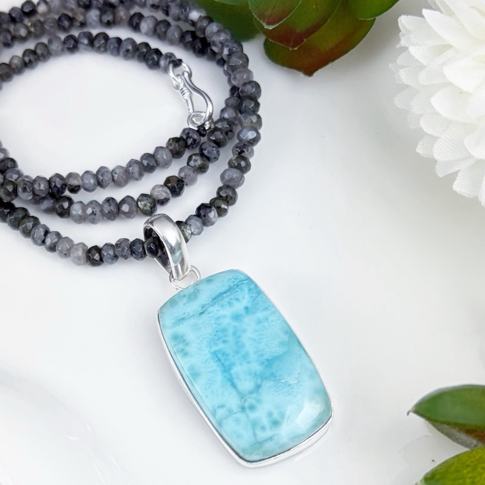 Top Quality Larimar Pendant Moonstone Necklace New Pure Sterling Silver 925